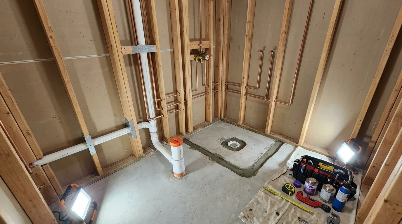 Bathroom rough-in plumbing during remodel by Johns Plumbing LLC in Cutchogue