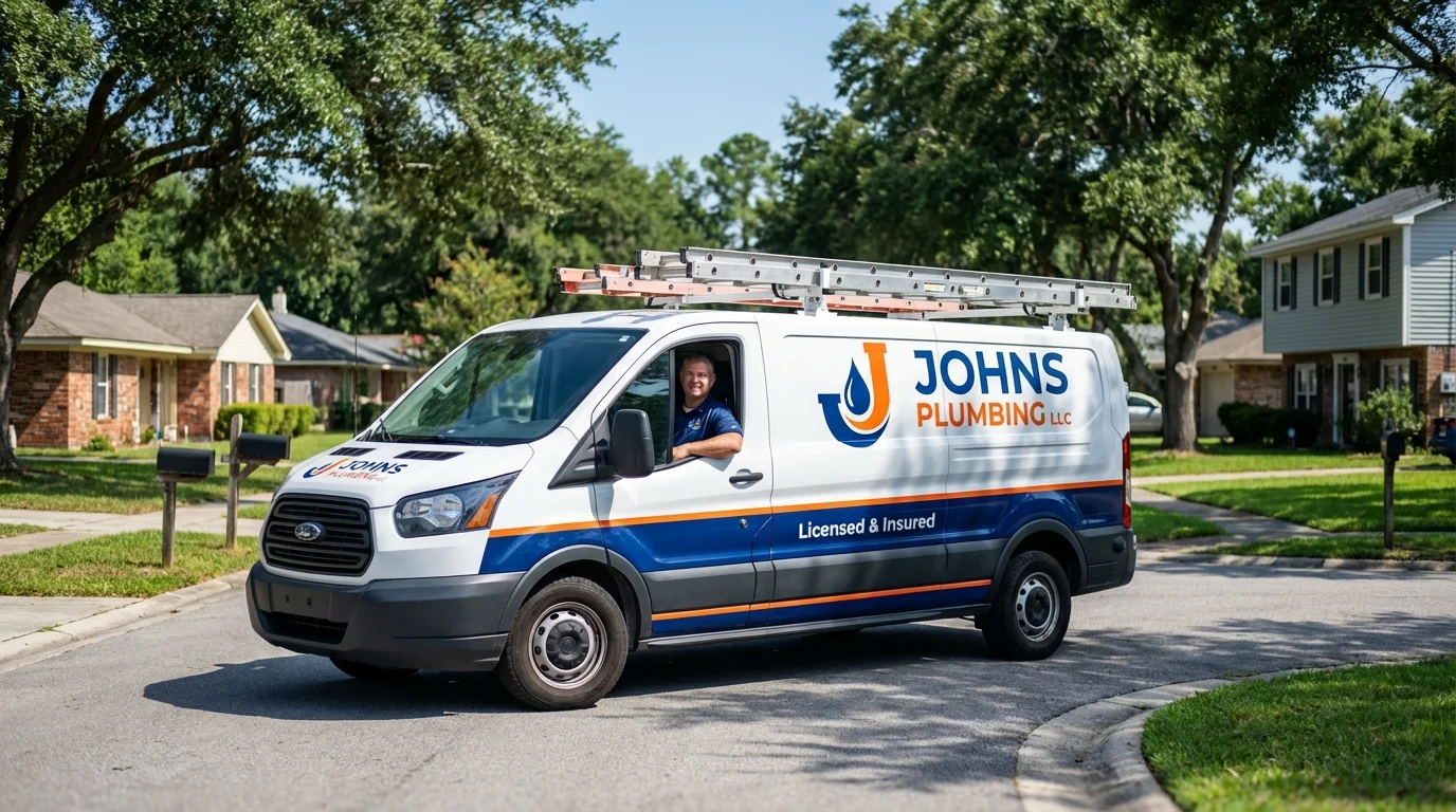 Johns Plumbing LLC service van in Cutchogue, NY