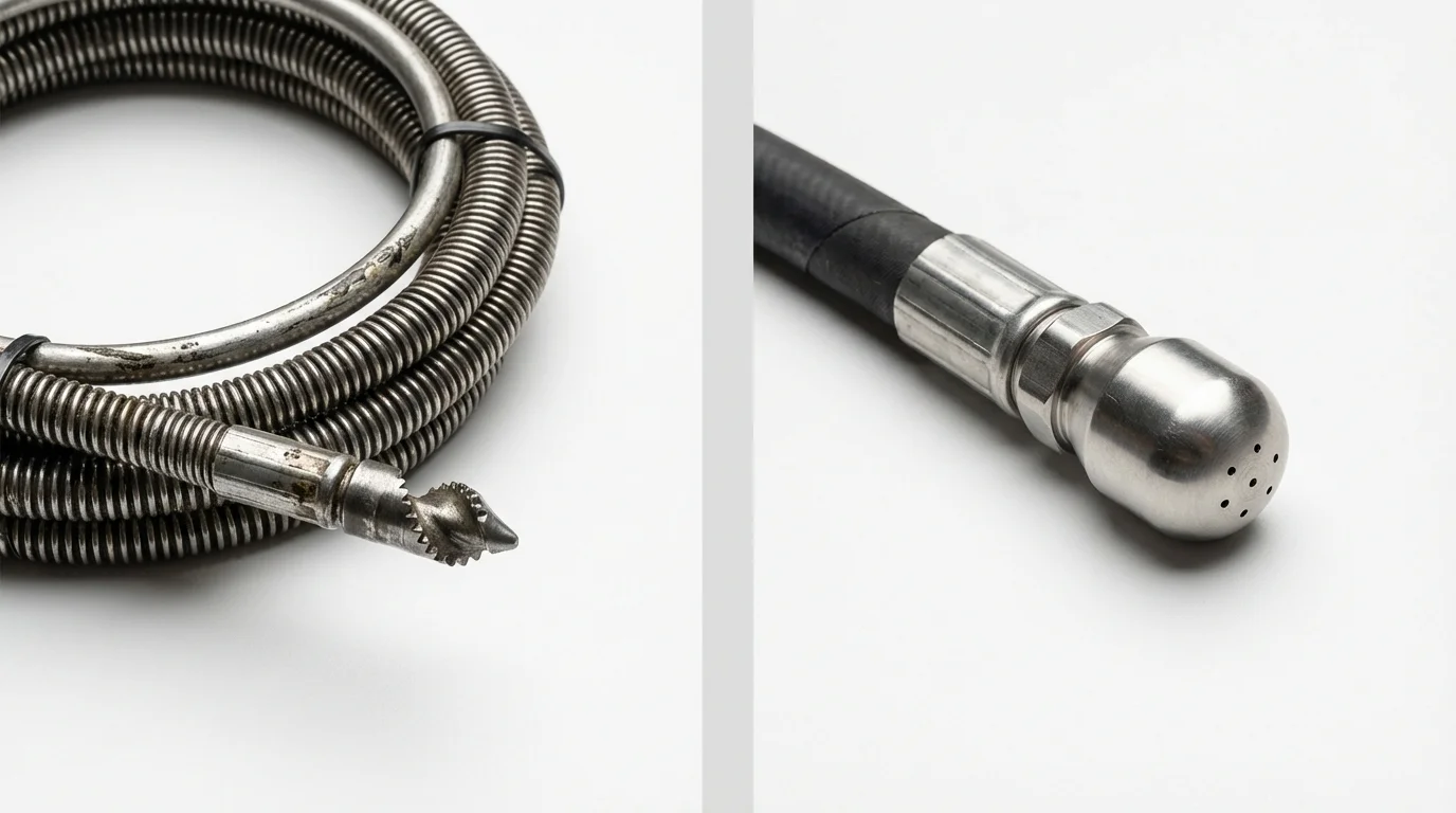 Drain snake cable and hydro jetting nozzle used for drain cleaning in Cutchogue, NY