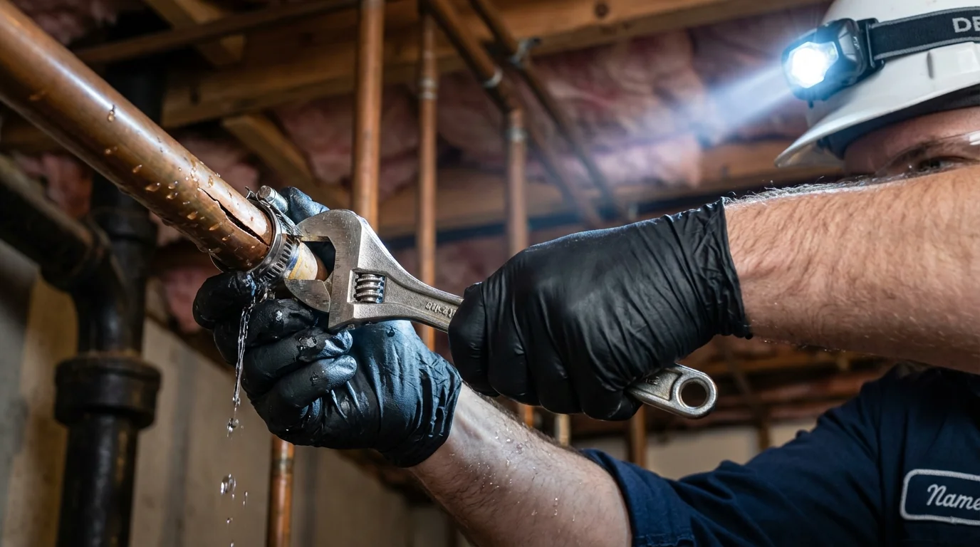 Emergency pipe clamp repair being performed by a Johns Plumbing LLC plumber in Cutchogue