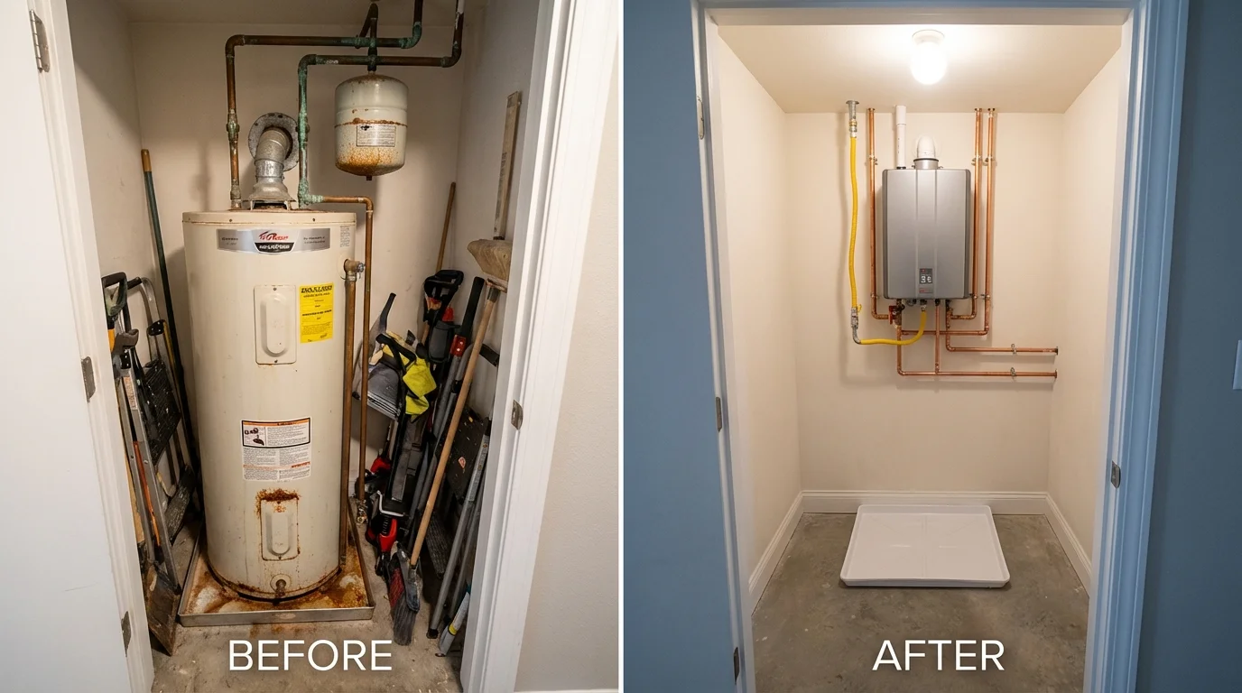 Tank water heater versus wall-mounted tankless unit comparison for Cutchogue, NY homeowners