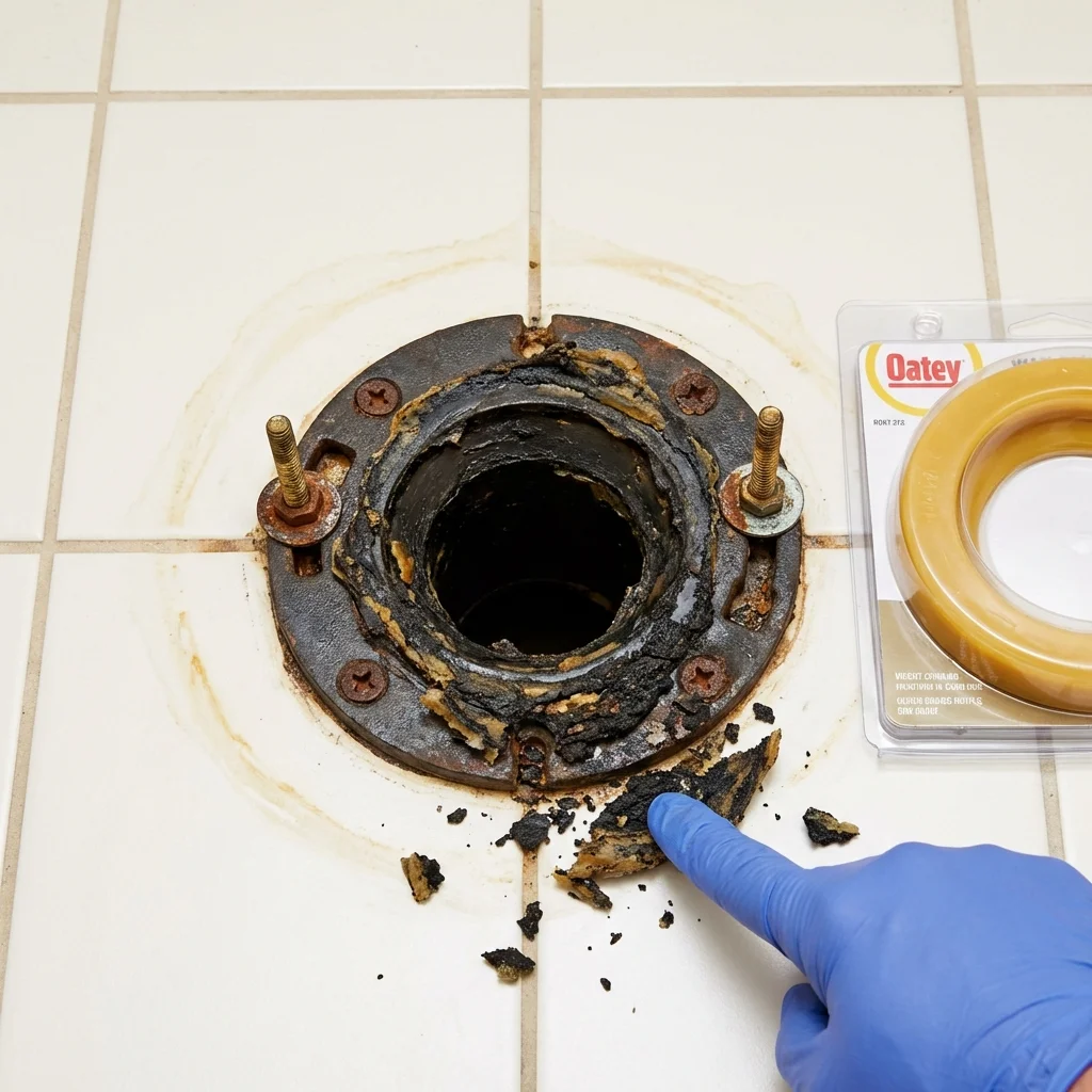 Failed wax ring showing water seepage at the base of a toilet in a Cutchogue, NY home