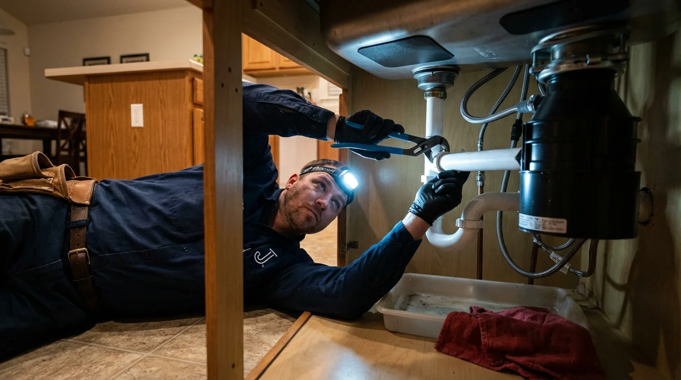 P-trap and supply line connections under a kitchen sink showing a common leak point in Cutchogue, NY